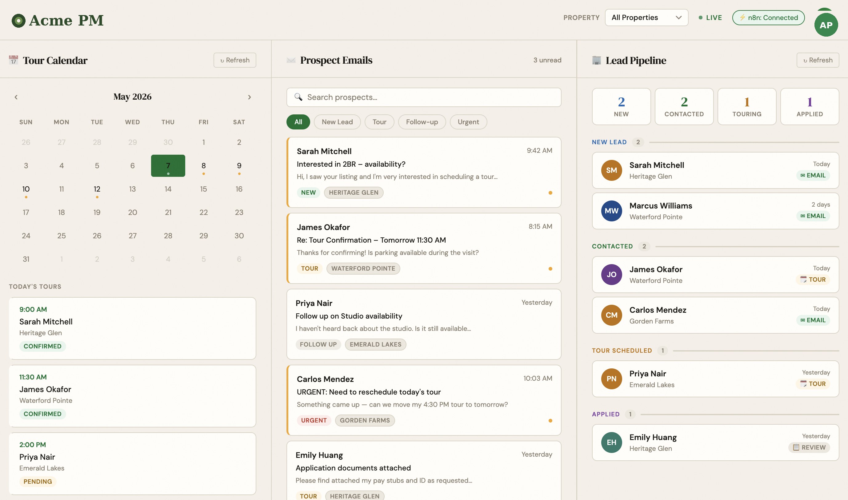 Sproot dashboard showing tour calendar, prospect emails, and lead pipeline